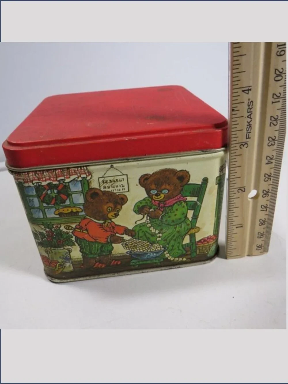 Vintage Teddy Bears in Kitchen Tin Container Square Holiday Metal Box Storage